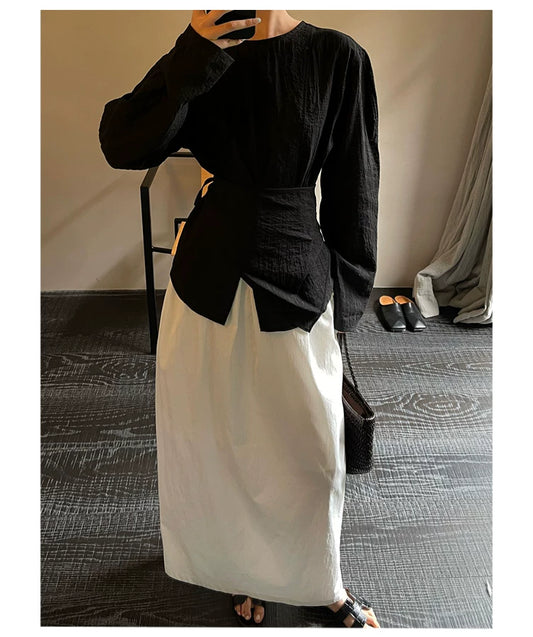 waist ribbon tie long sleeve blouse 1color 【NINE7198】