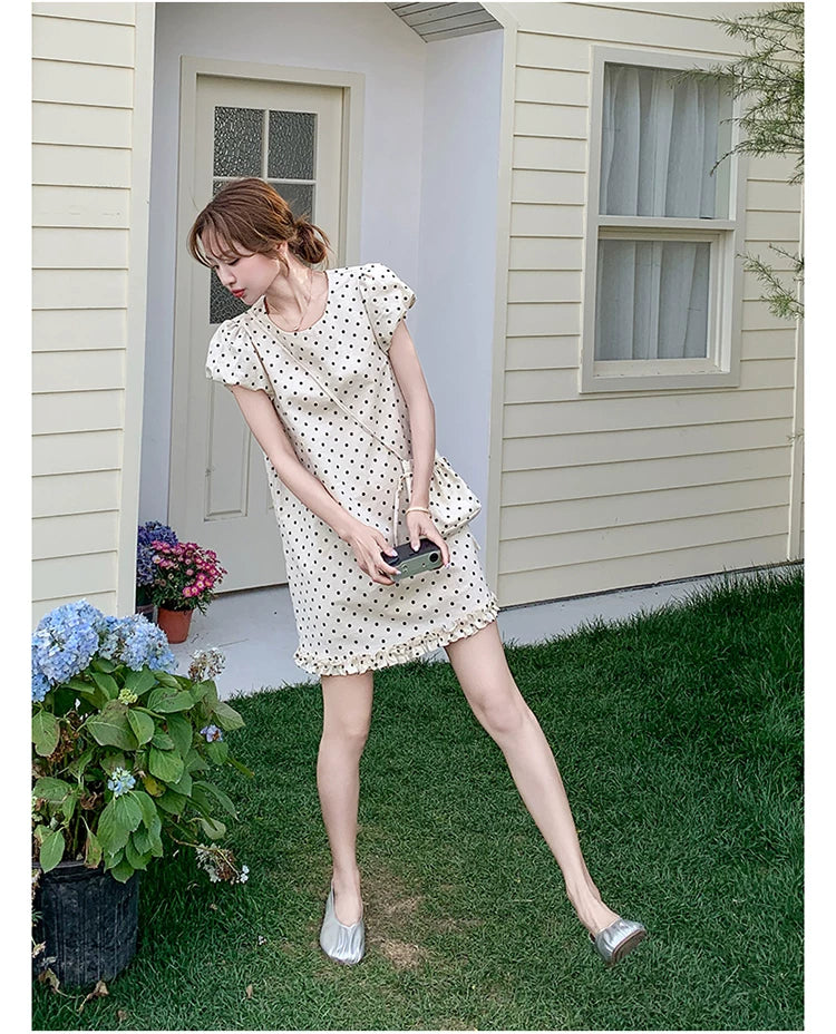 dot puff sleeve mini dress 1color 【NINE7137】