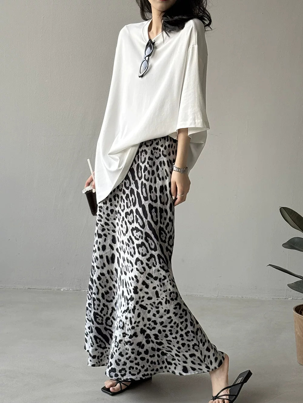 leopard pattern slit maxi skirt 1color 【NINE7019】