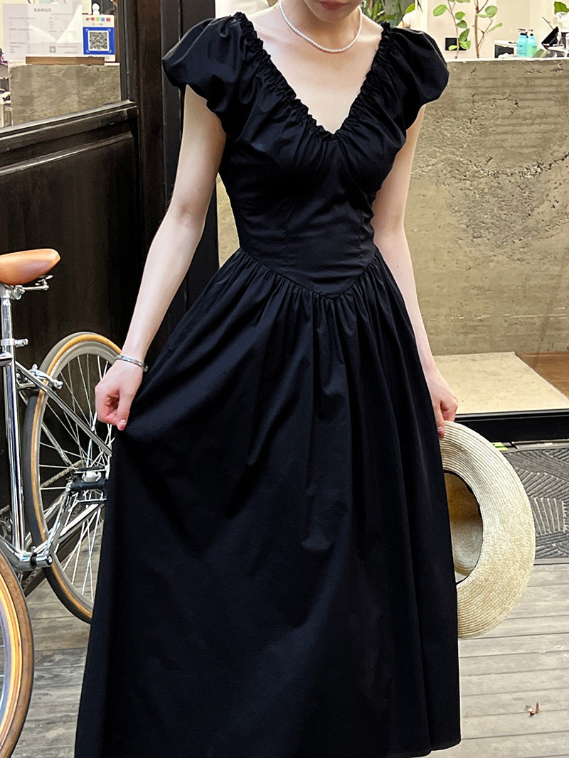 v neck gathered long dress 2color 【NINE7243】