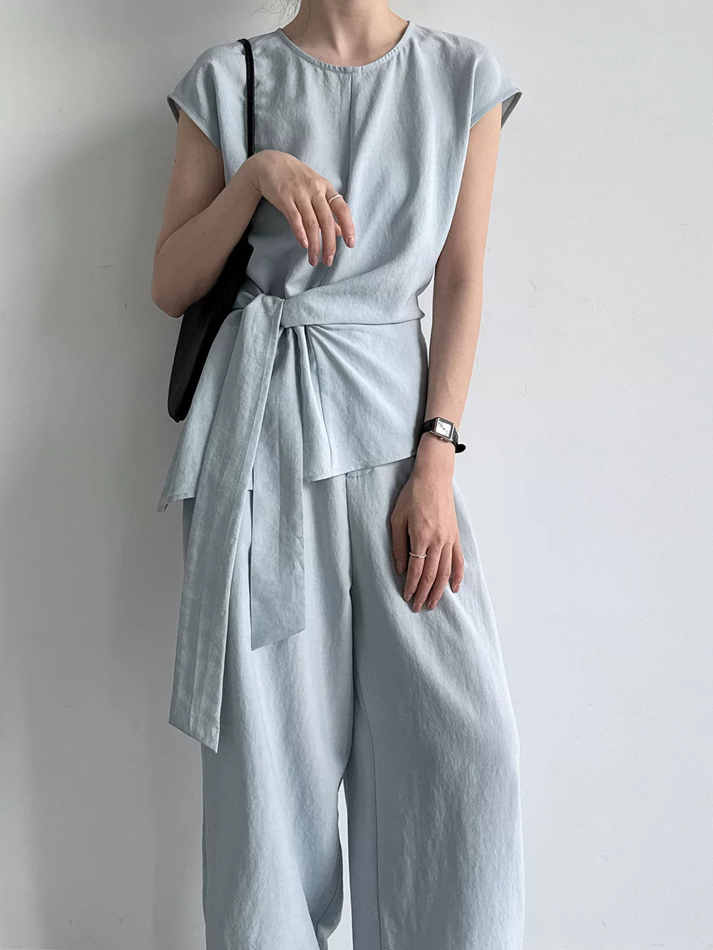 waist tie cap sleeve tops pants setup 2color 【NINE7085】