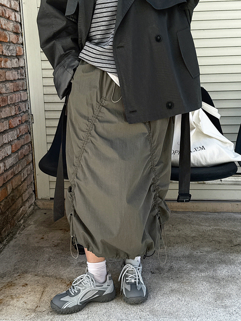 drawstring ruched maxi skirt 2color 【NINE7236】