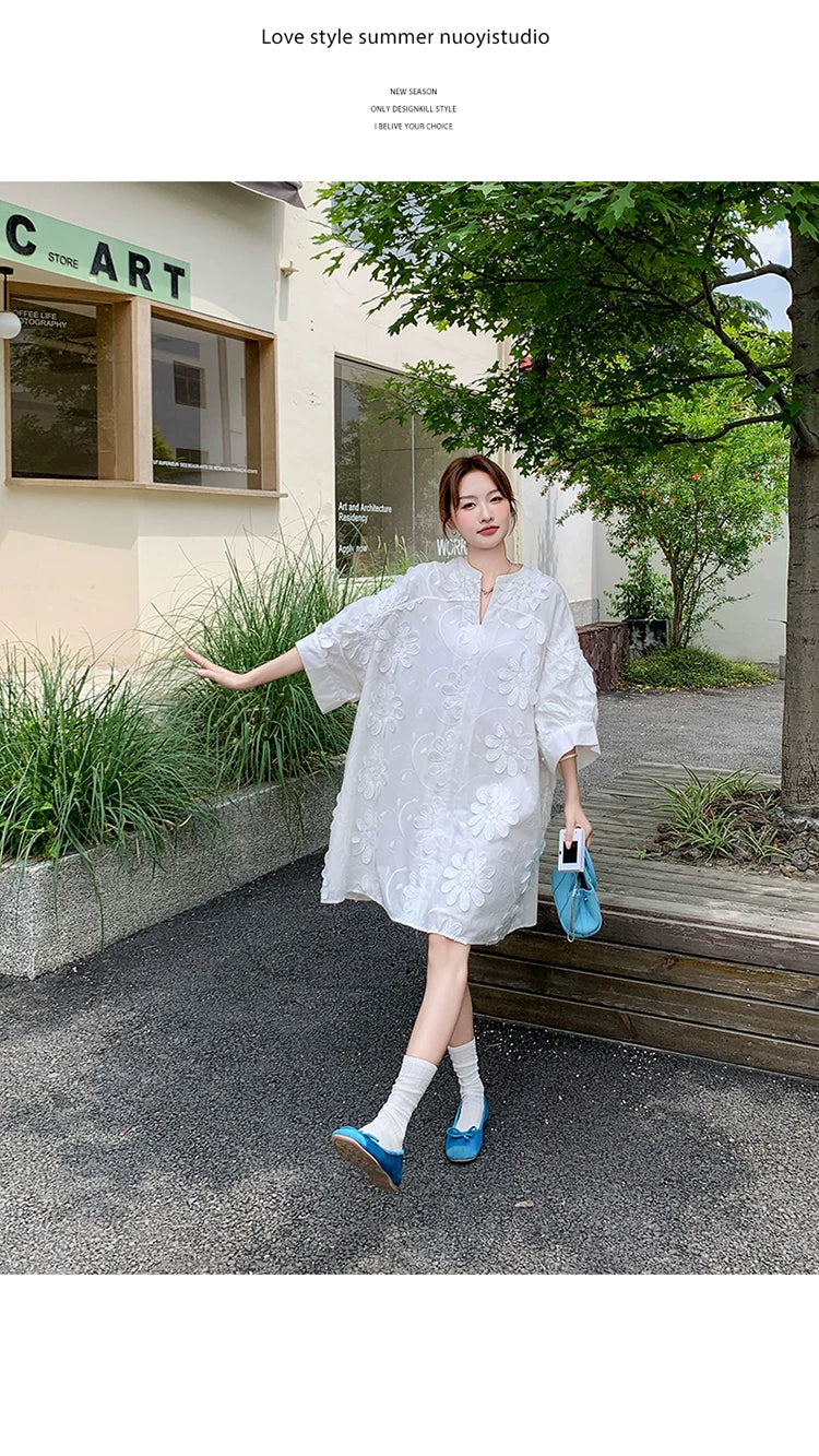 3D floral vneck loose dress 1color 【NINE7130】