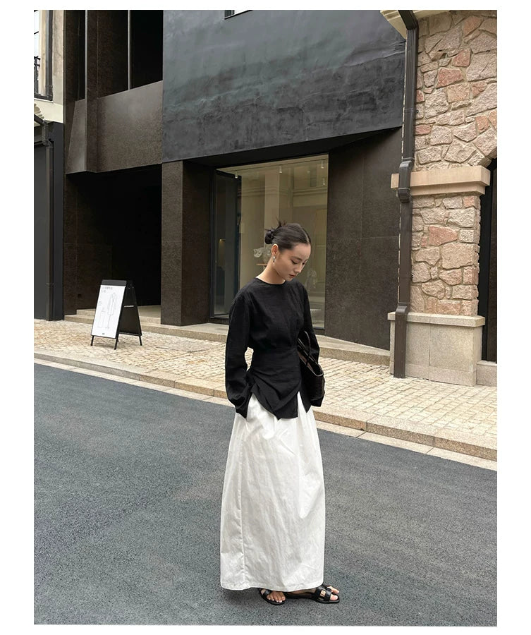 waist ribbon tie long sleeve blouse 1color 【NINE7198】