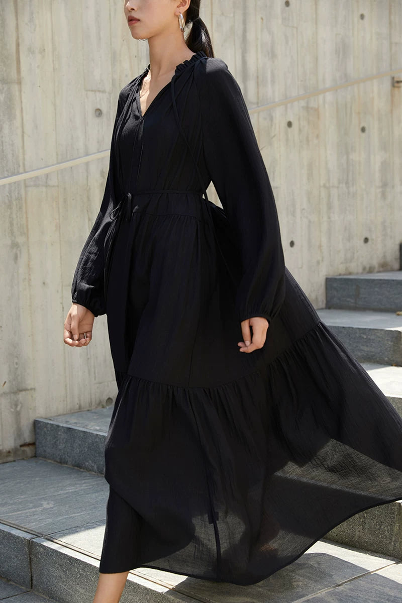 v-neck belt tiered long dress 1color 【NINE7227】