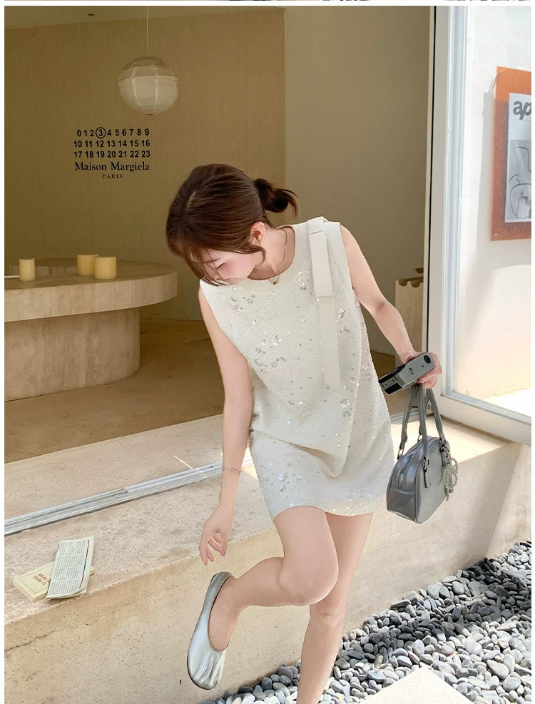 sequin ribbon tweed sleeveless mini dress 1color 【NINE7139】