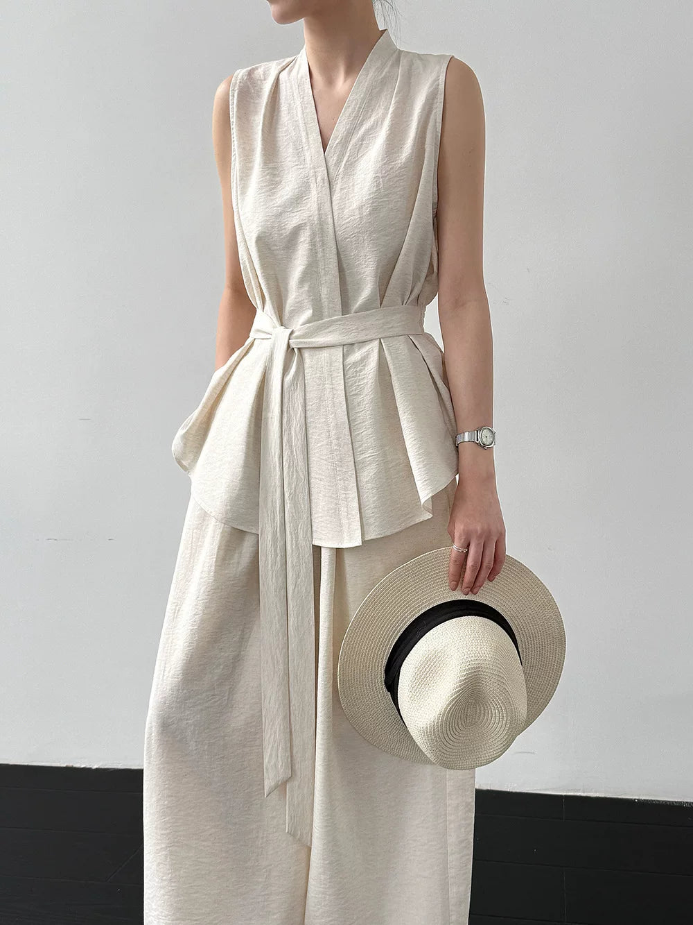 peplum tie sleeveless pants setup 2color 【NINE7082】