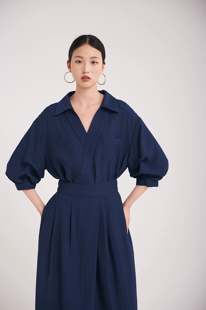 v-neck lapel puff sleeve shirt 3colors 【NINE7215】