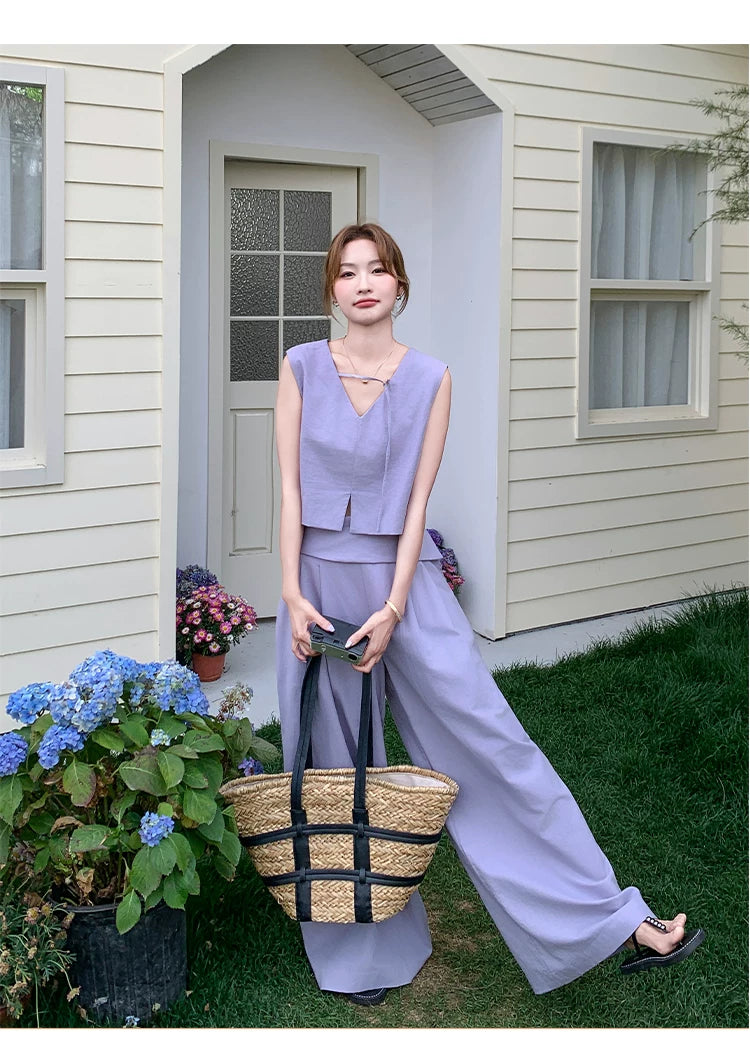 asymmetric vest wide pants setup 1color 【NINE7119】
