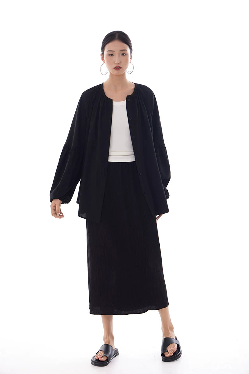 v-neck lantern sleeve loose shirt 1color 【NINE7224】