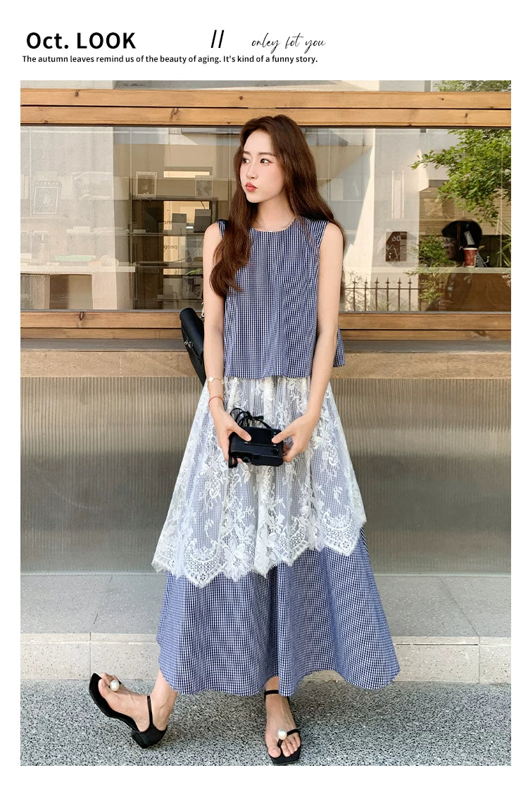 stripe lace fake twopiece dress 1color 【NINE7129】