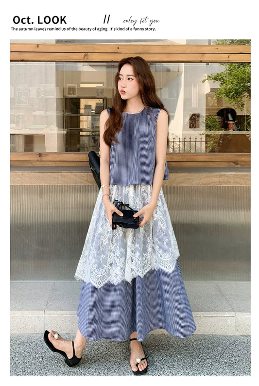 stripe lace fake twopiece dress 1color 【NINE7129】