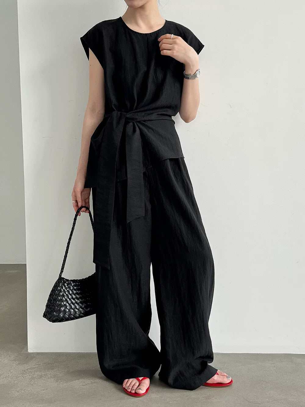 waist tie cap sleeve tops pants setup 2color 【NINE7085】
