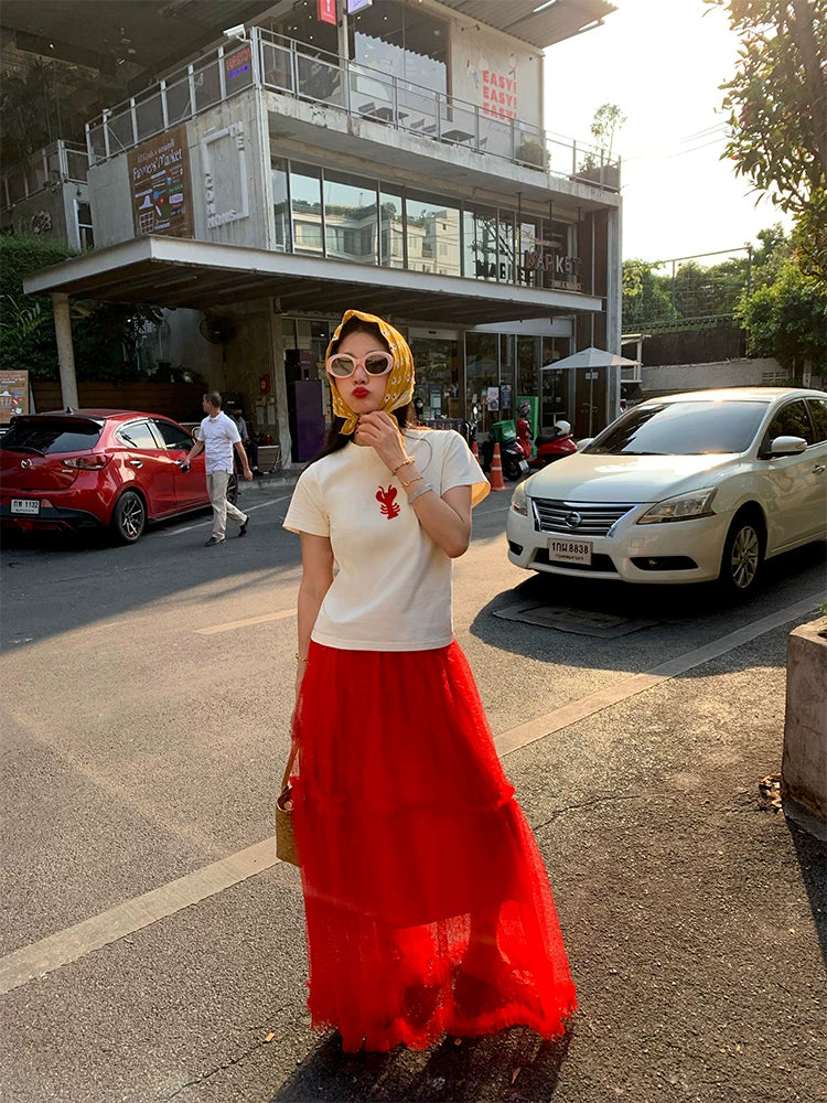 dot tulle ruffle tiered long skirt 1color 【NINE7205】