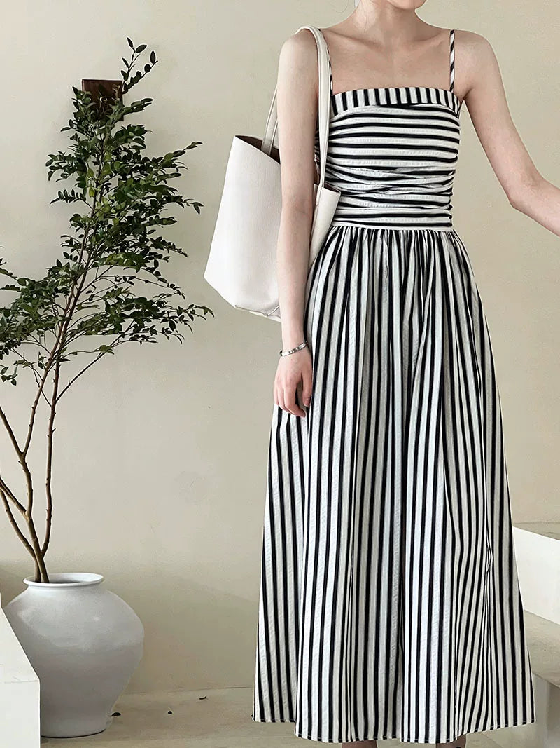 striped ruched camisole long dress 1color 【NINE7062】