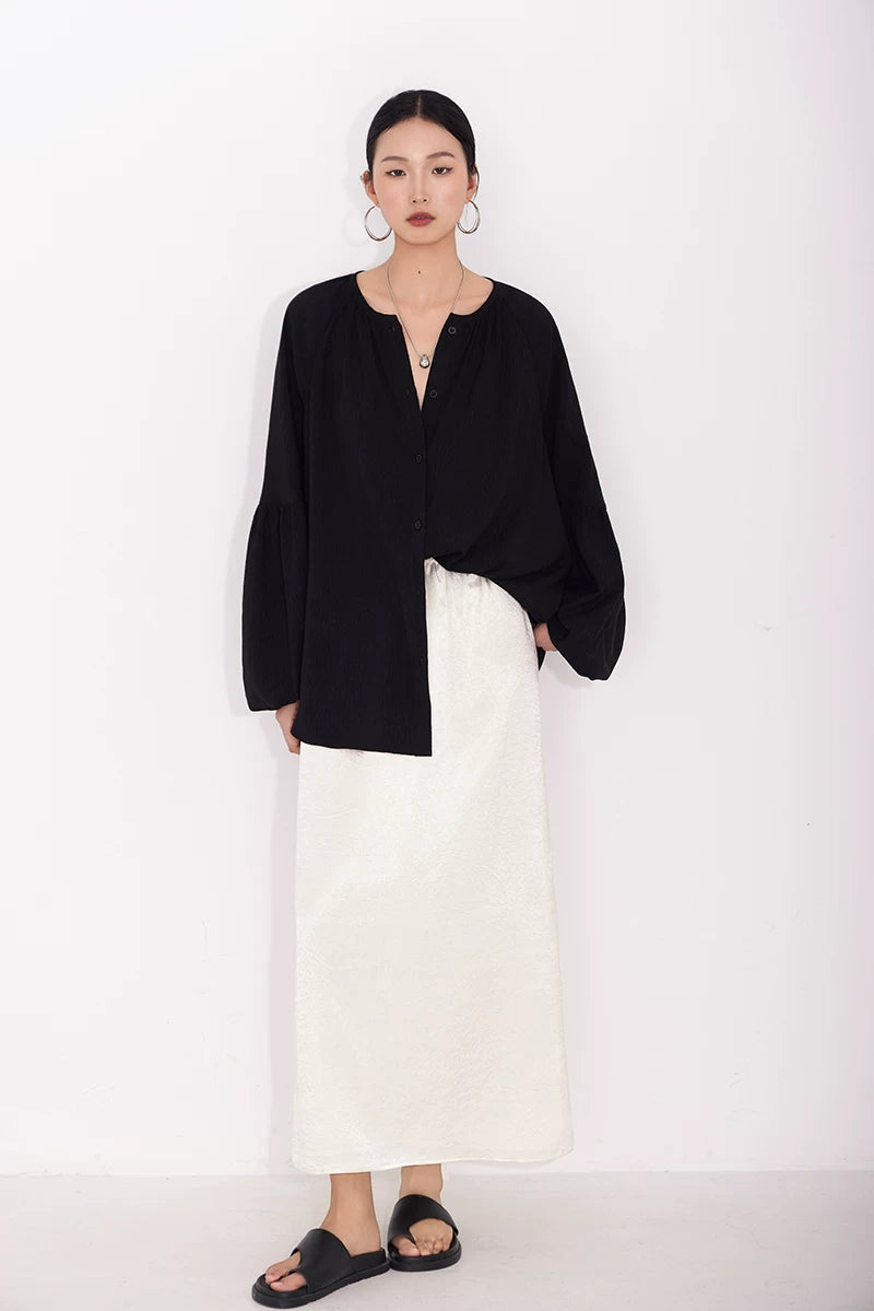 v-neck lantern sleeve loose shirt 1color 【NINE7224】
