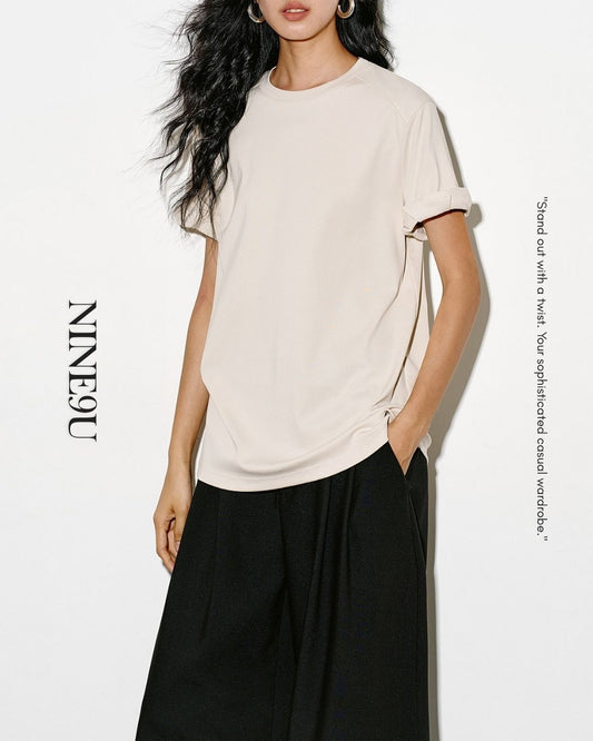 basic t-shirt with roll-up sleeves 2color【NINE0305】