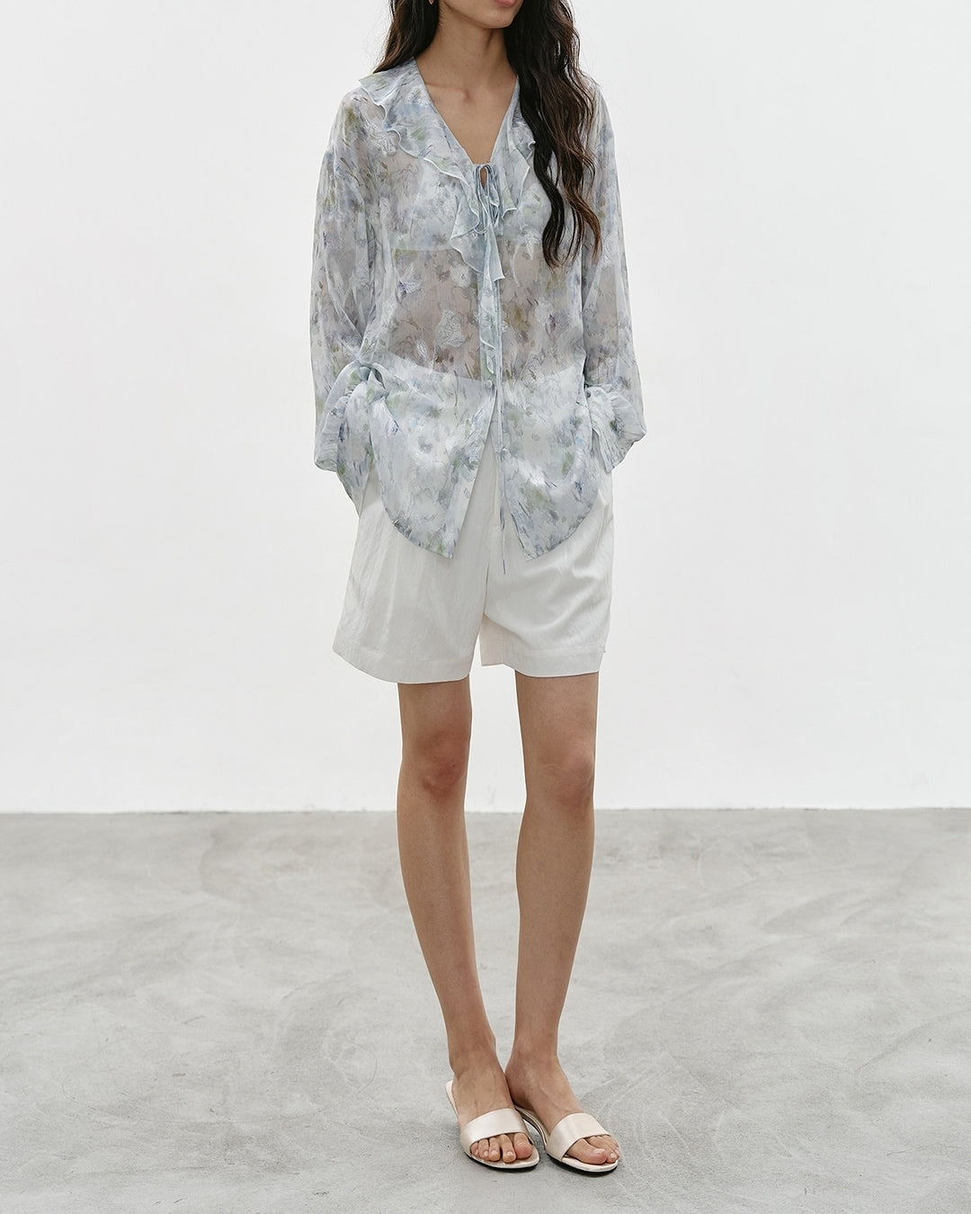 v-neck ruffled floral sheer blouse【NINE0336】