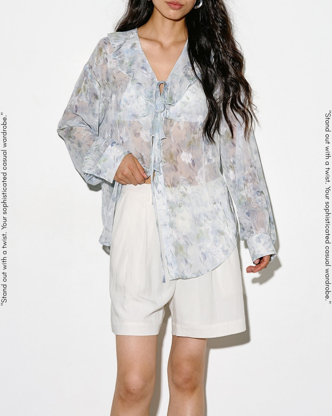 v-neck ruffled floral sheer blouse【NINE0336】