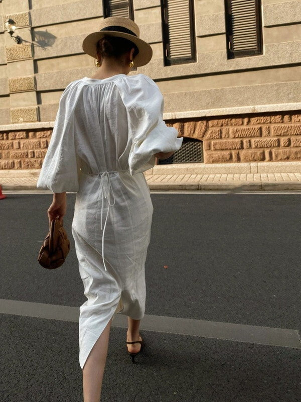balloon-sleeve chic Ivory color long one-piece【NINE7750】