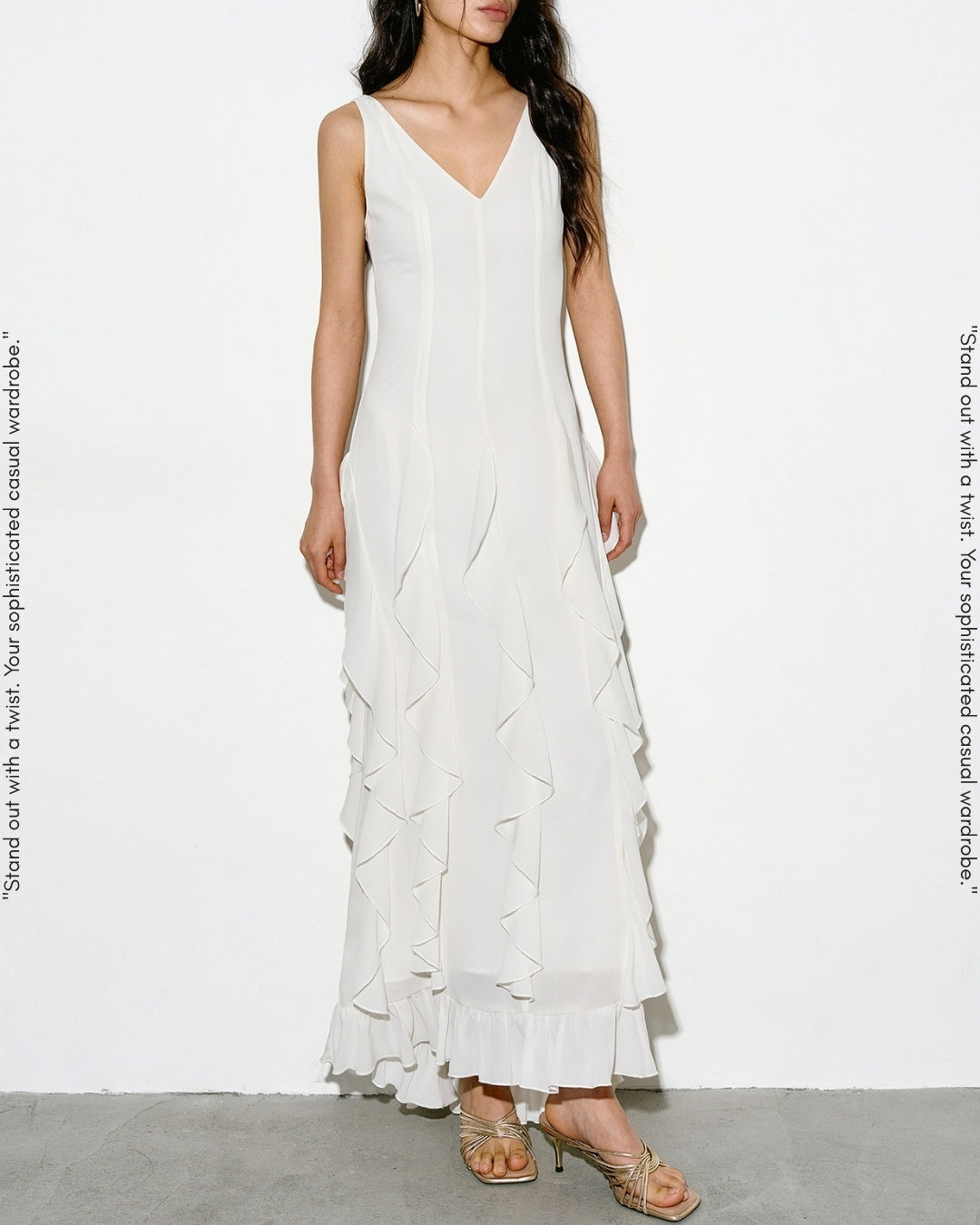 v-neck frilled long one-piece【NINE0343】