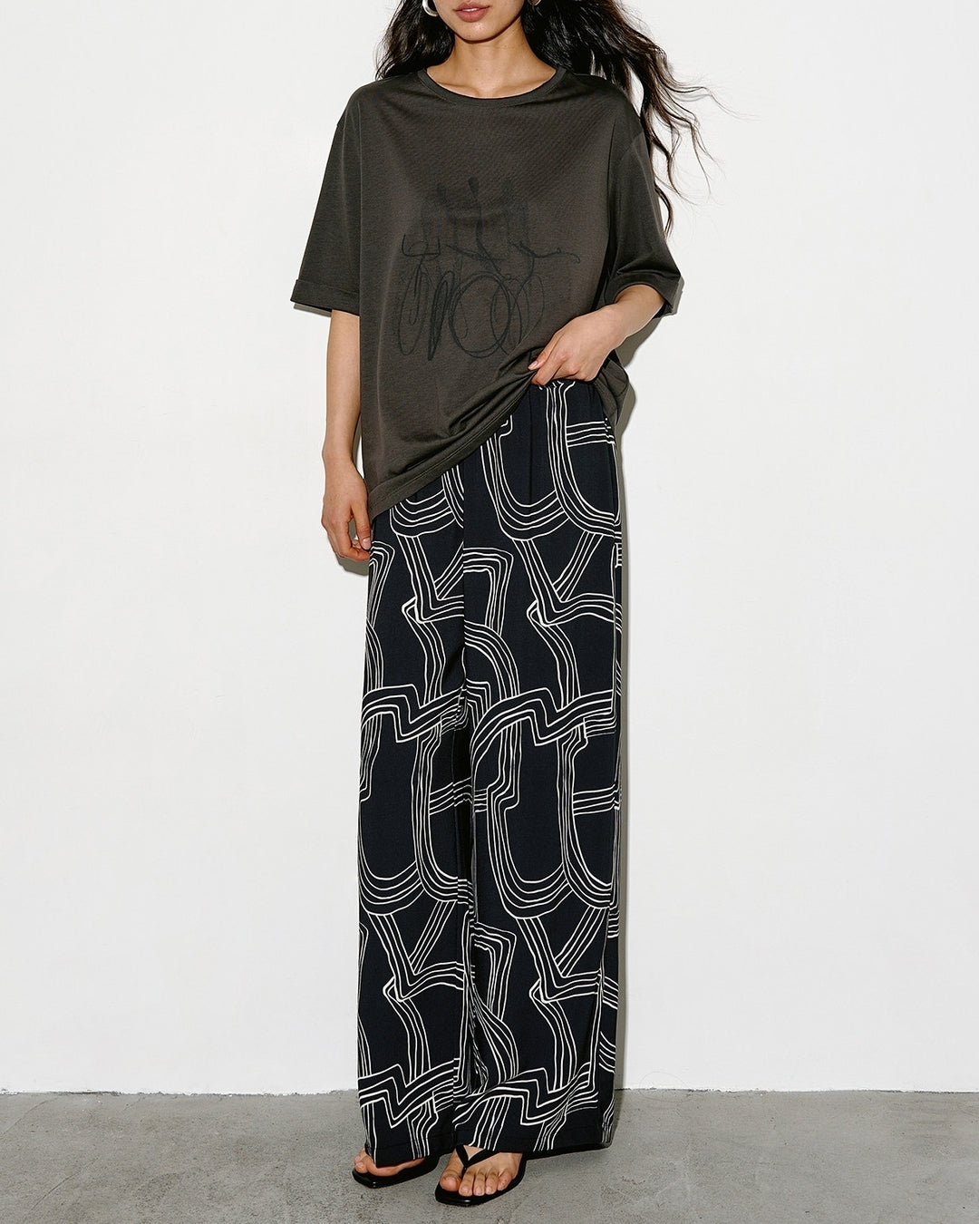 geometric-patterned wide leg pants【NINE0328】