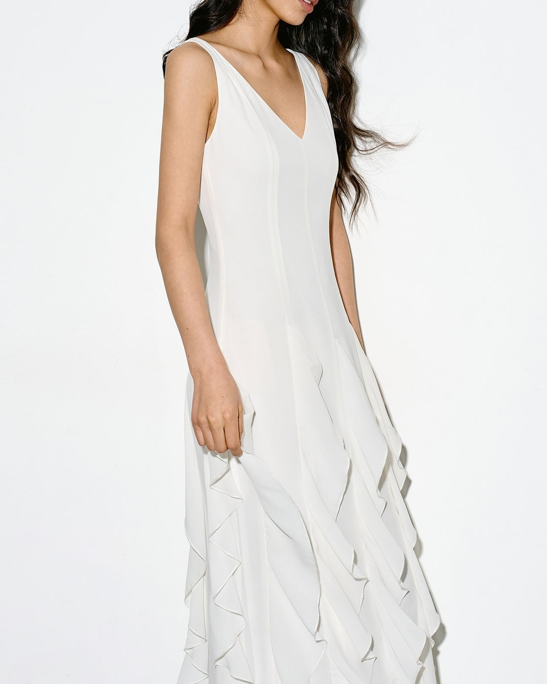 v-neck frilled long one-piece【NINE0343】