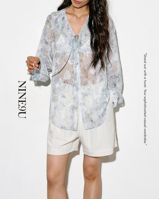 v-neck ruffled floral sheer blouse【NINE0336】