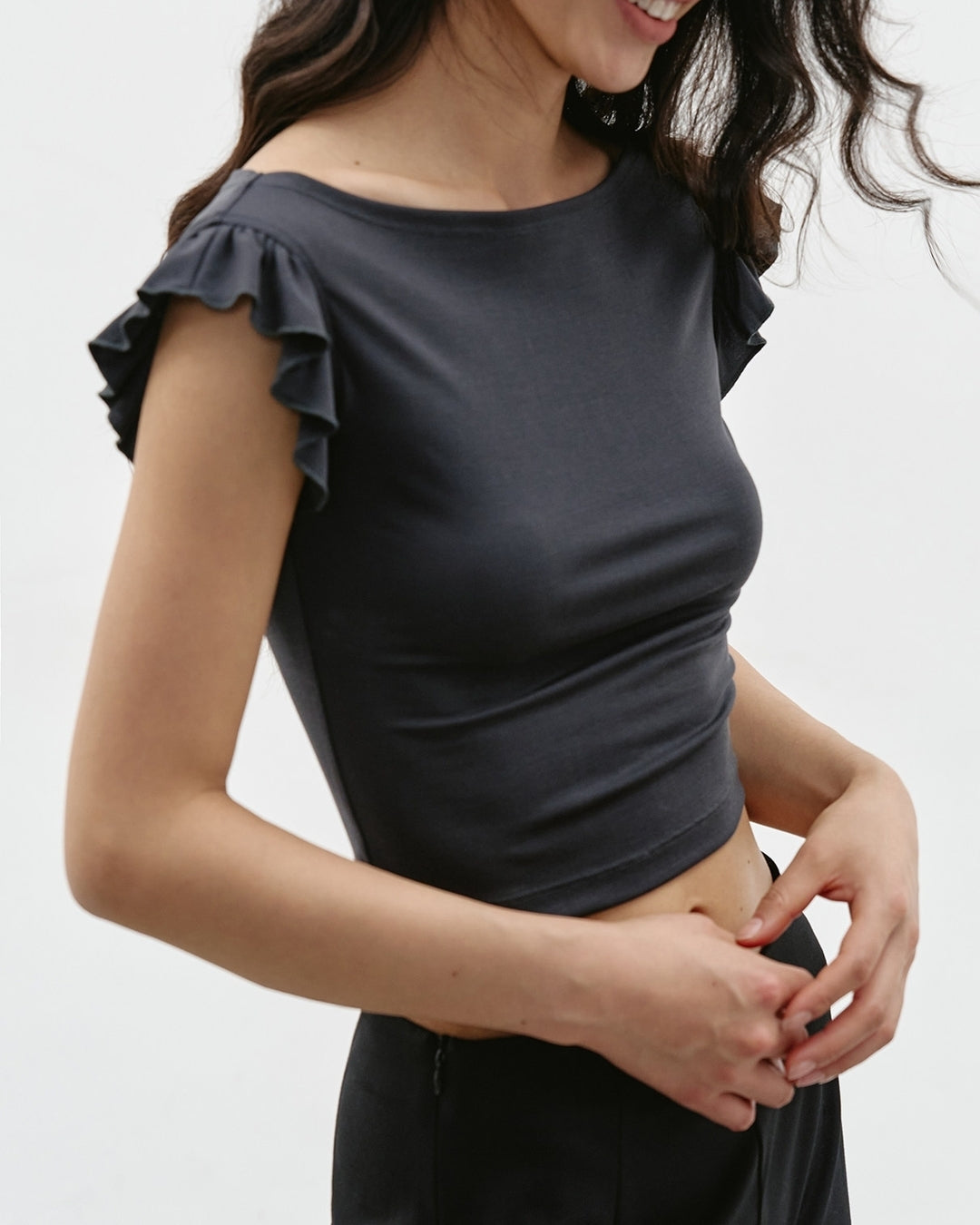 ruffled-sleeve boatneck t-shirt 2color【NINE0326】