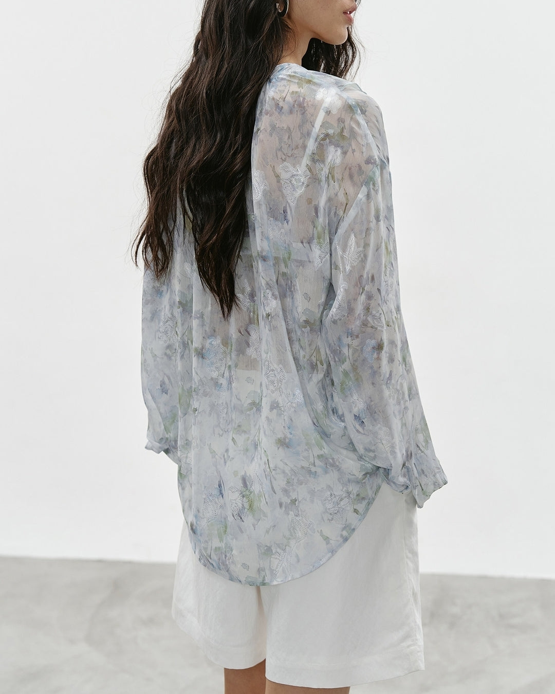 v-neck ruffled floral sheer blouse【NINE0336】