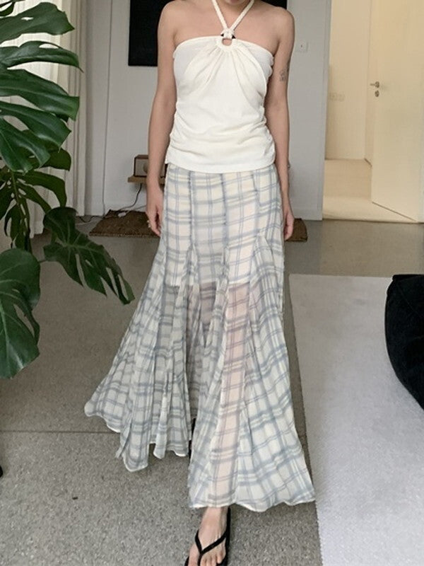 checked sheer fish-tail long-skirt【NINE9380】