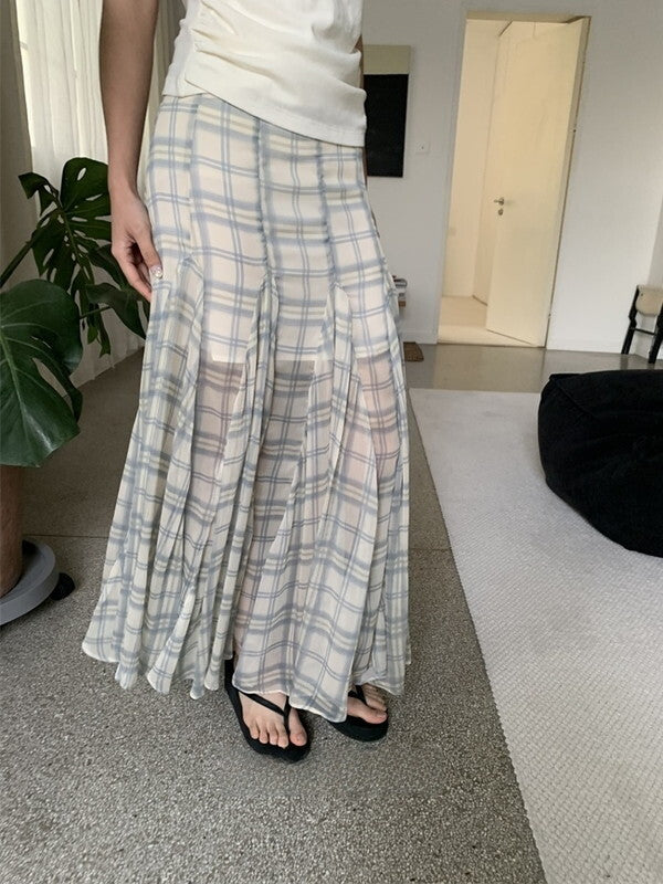 checked sheer fish-tail long-skirt【NINE9380】