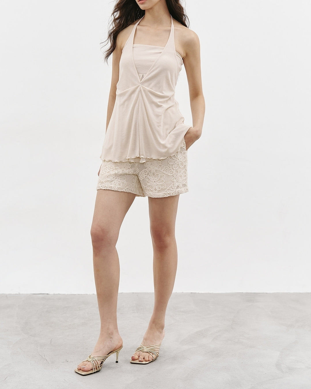 floral-print embroidered shorts【NINE0357】