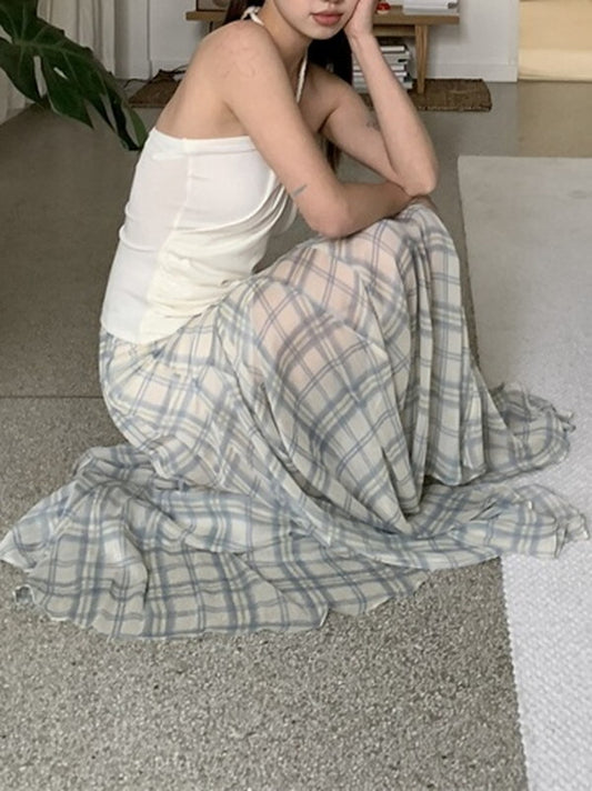 checked sheer fish-tail long-skirt【NINE9380】
