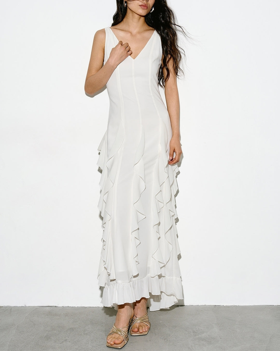 v-neck frilled long one-piece【NINE0343】