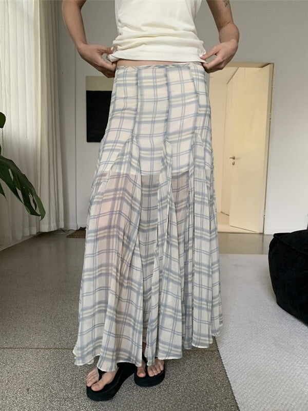 checked sheer fish-tail long-skirt【NINE9380】