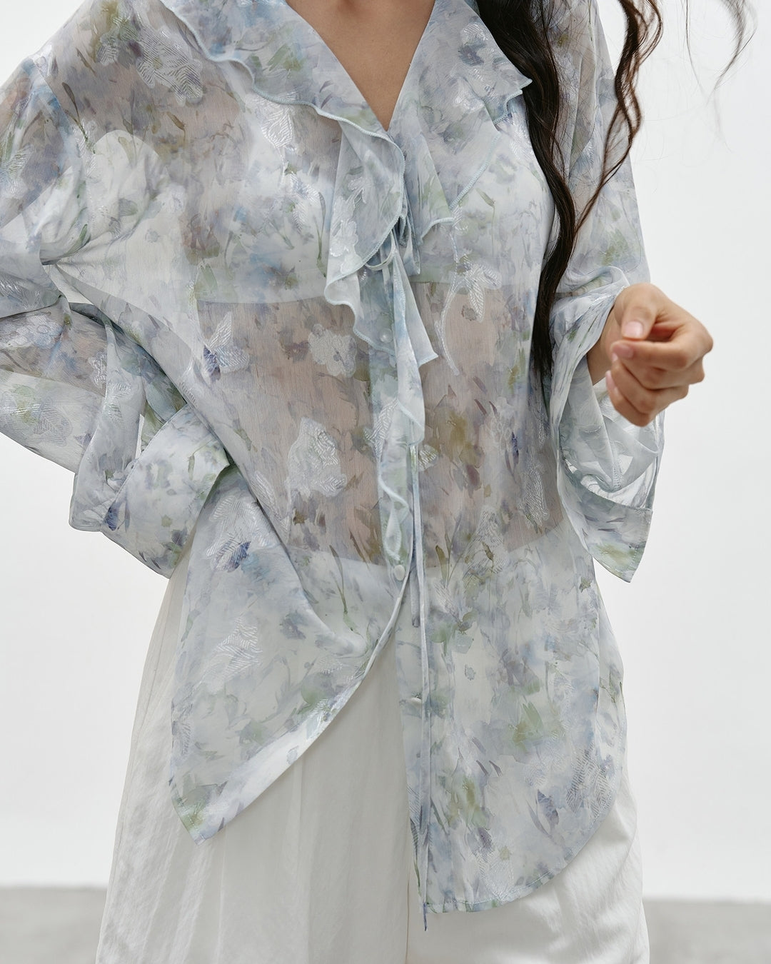 v-neck ruffled floral sheer blouse【NINE0336】