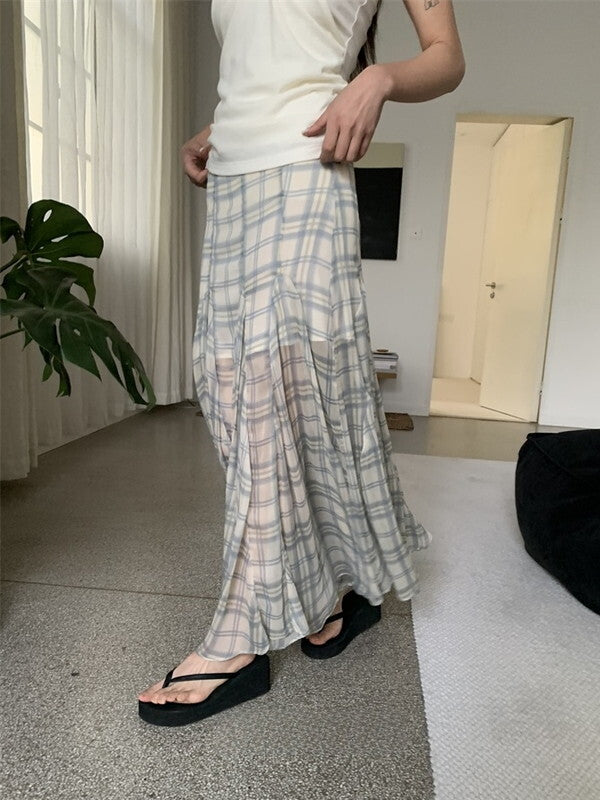 checked sheer fish-tail long-skirt【NINE9380】