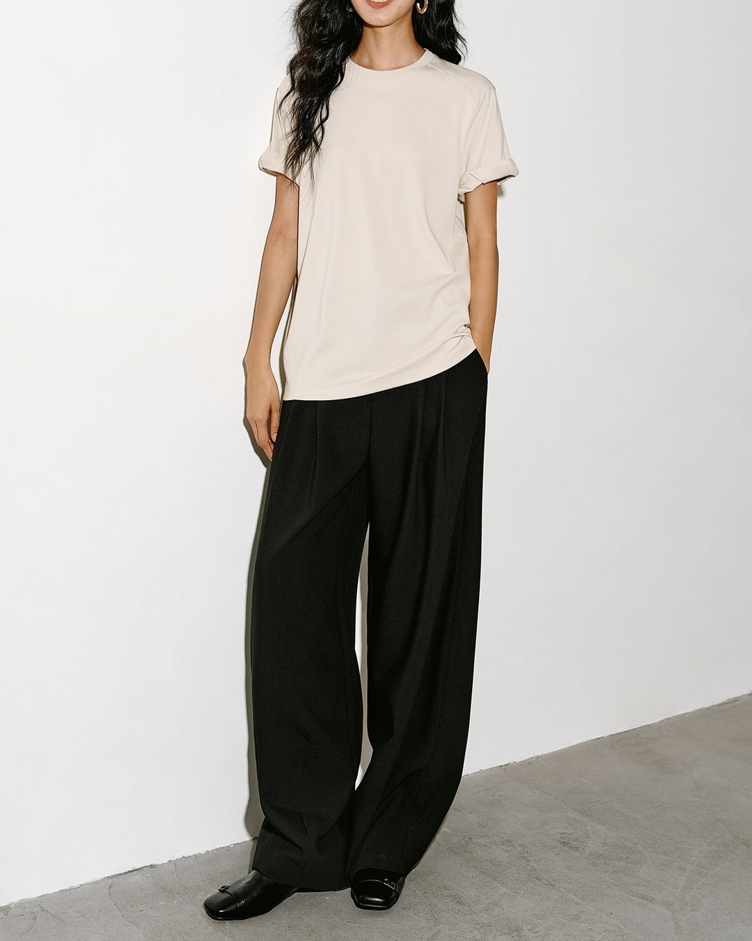 basic t-shirt with roll-up sleeves 2color【NINE0305】