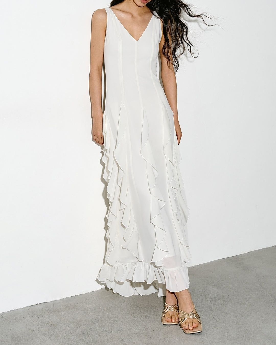 v-neck frilled long one-piece【NINE0343】