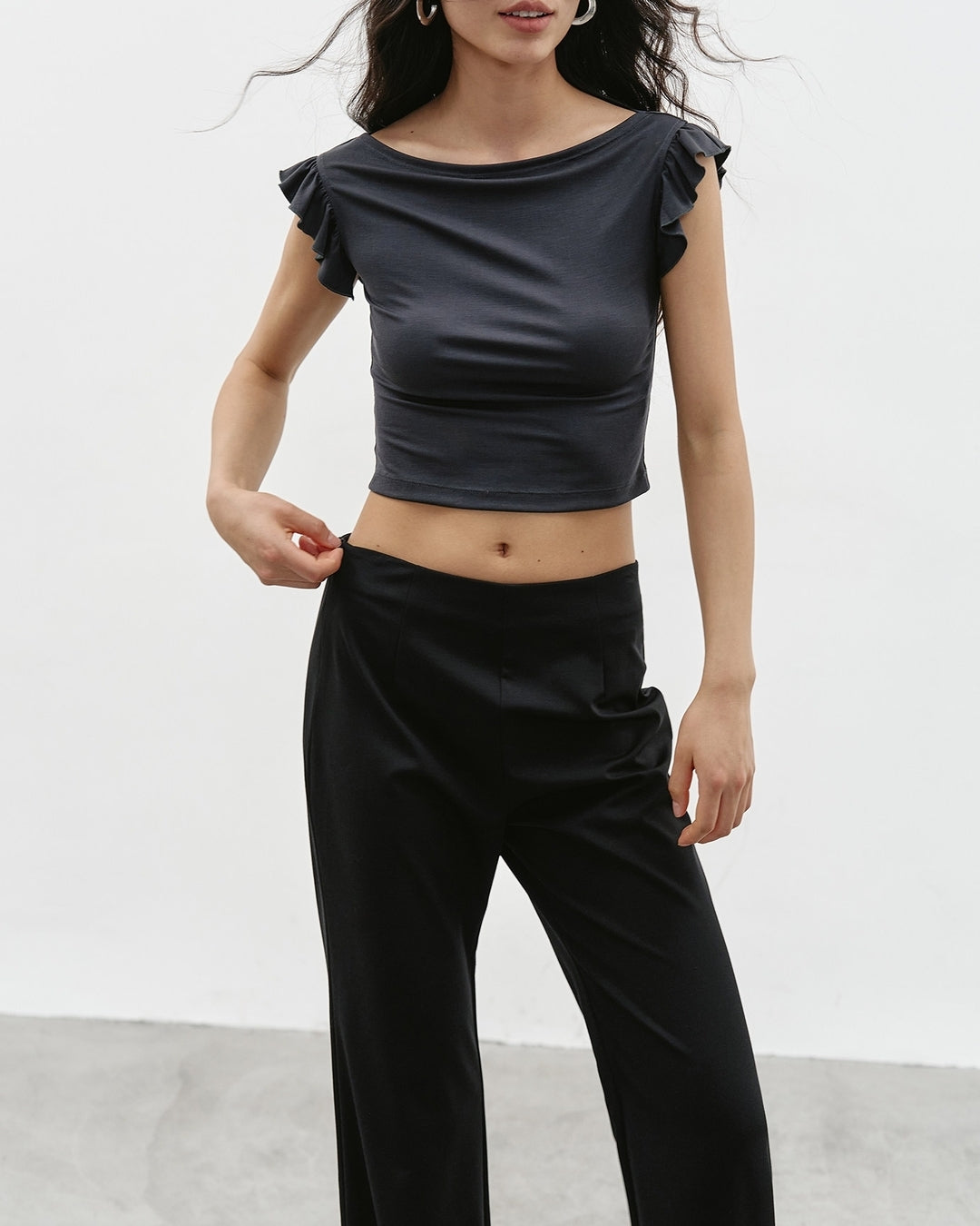 ruffled-sleeve boatneck t-shirt 2color【NINE0326】