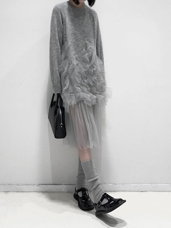 knit＆tulle see-through frill one-piece【NINE8393】