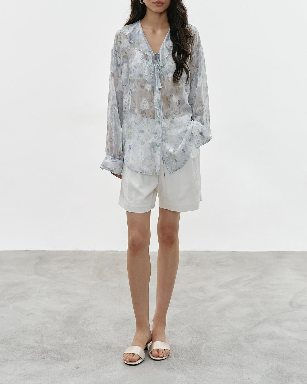 v-neck ruffled floral sheer blouse【NINE0336】