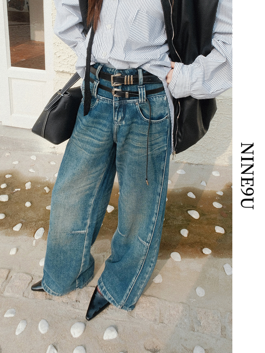 double-belt-loop denim loose pants【NINE8820】