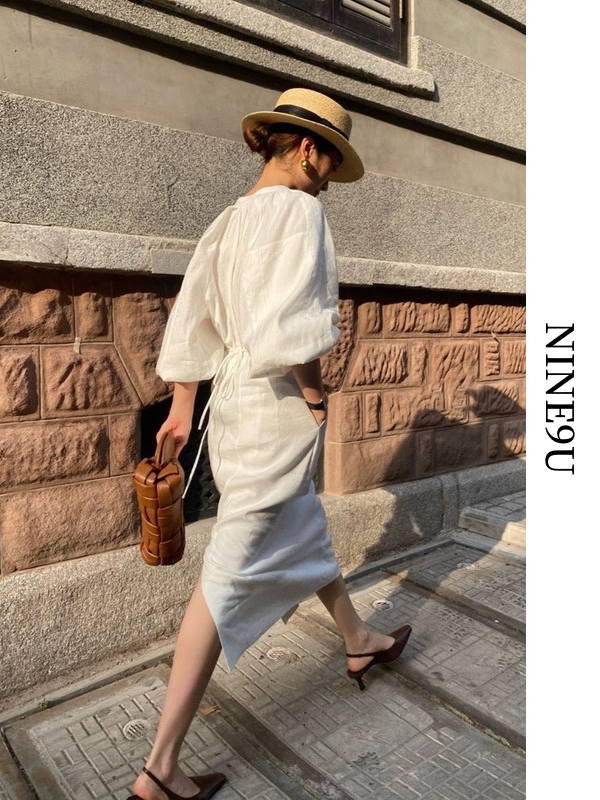 balloon-sleeve chic Ivory color long one-piece【NINE7750】