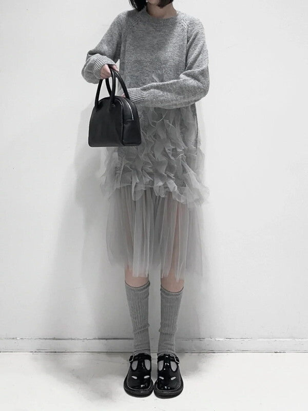 knit＆tulle see-through frill one-piece【NINE8393】