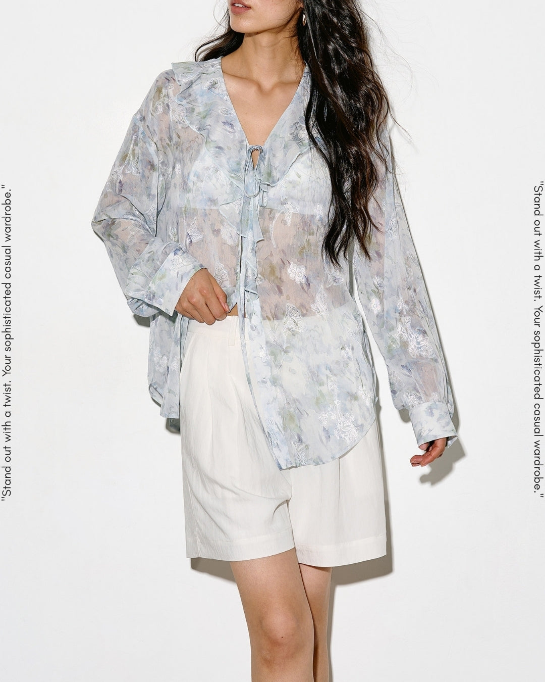 v-neck ruffled floral sheer blouse【NINE0336】