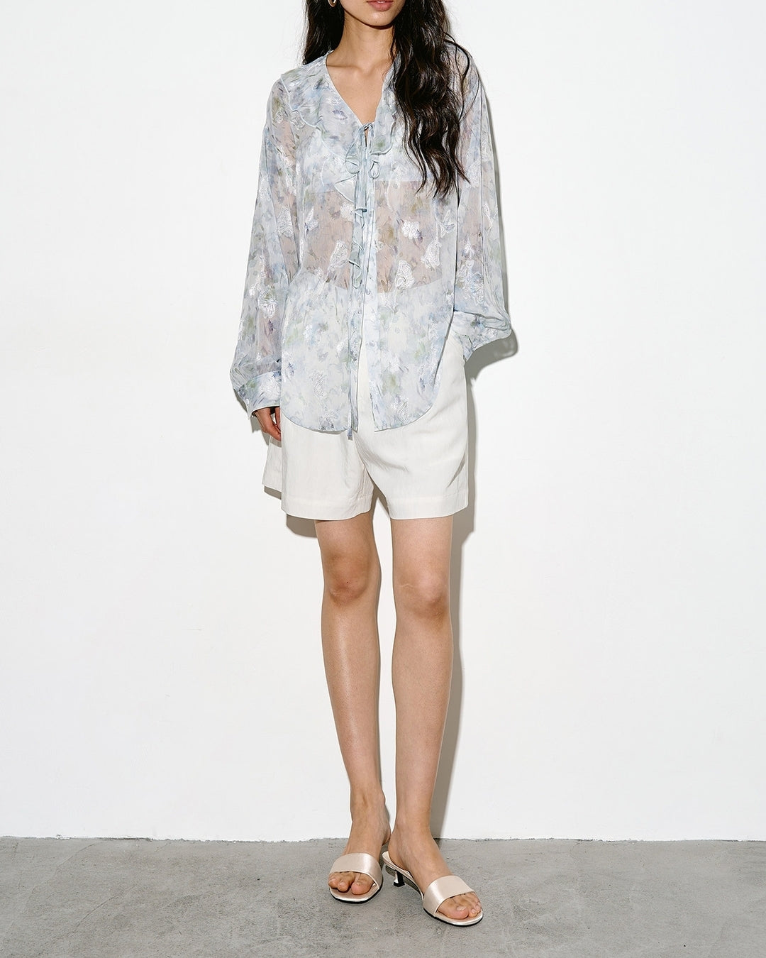 v-neck ruffled floral sheer blouse【NINE0336】