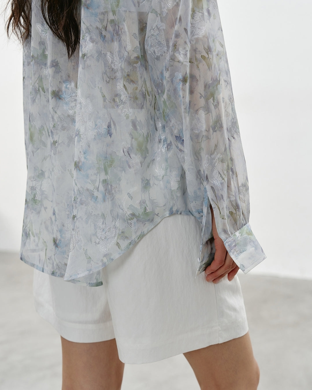v-neck ruffled floral sheer blouse【NINE0336】