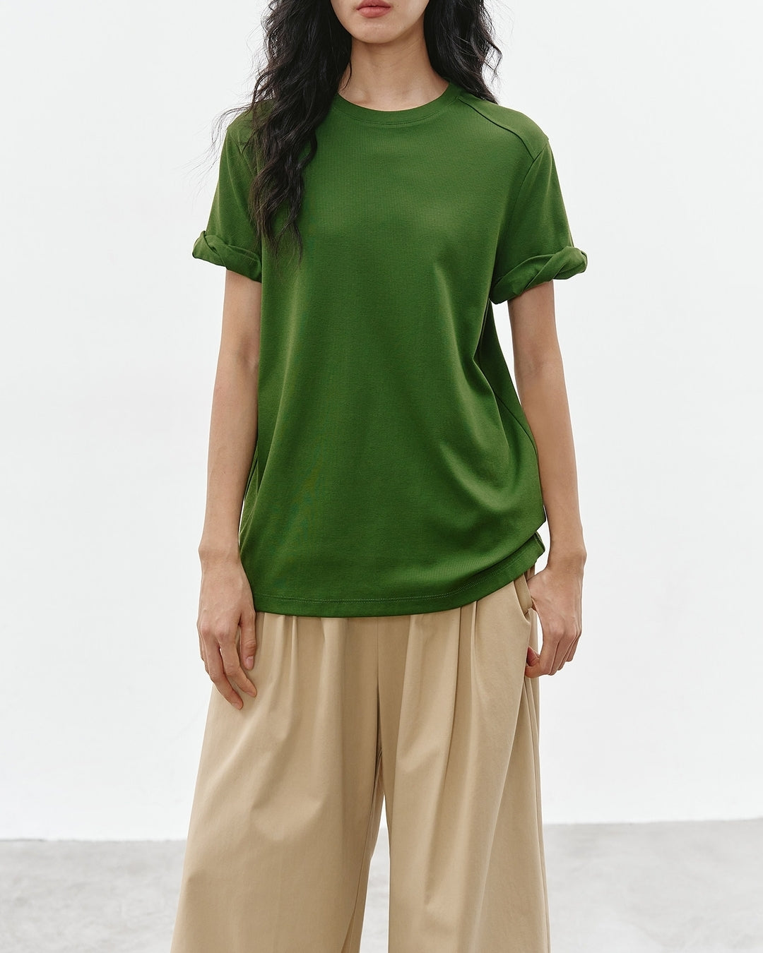 basic t-shirt with roll-up sleeves 2color【NINE0305】
